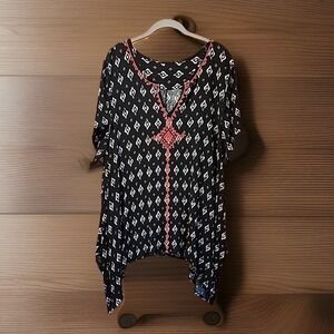 Peasant Top Womens XXL Black Geo Gauze Asymmetric Hem Tunic Beaded Boho Festival